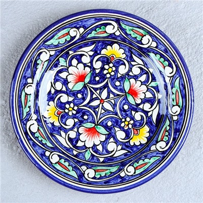 Тарелка Риштанская Керамика "Цветы", синяя, плоская, 17 см